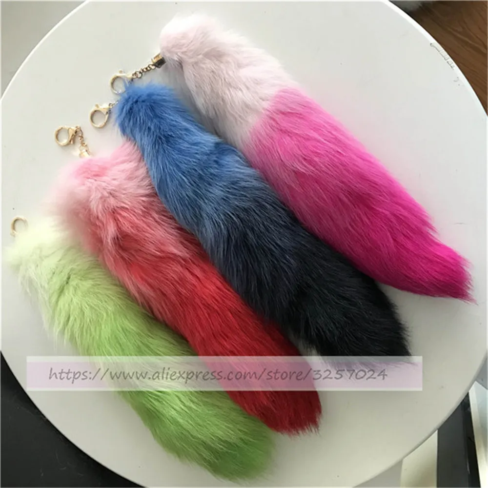 

Magicfur - 40cm Real Fox Dyeing Gradient Pink Color Fox Tail Leather Tassel Keychain bag Charm Car Keyring Pendant