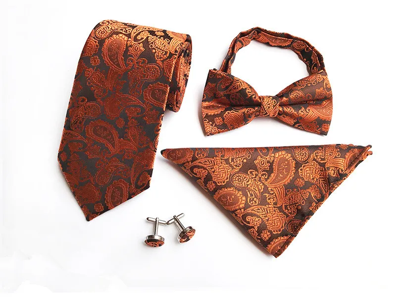 Floral Brown Silk Men Tie Set With Matching Hankie Cuff links Men Necktie Set