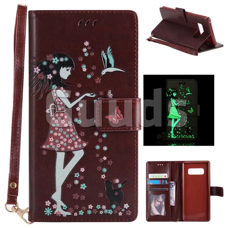 Luminous Flower Girl Cat Leather Wallet Case for Samsung Galaxy Note 8 - Brown