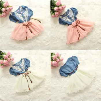 

2016 Girls Dress fashion Elegant Girls Baby Kids Lace Belt Denim Tulle Full Dress Princess Dress