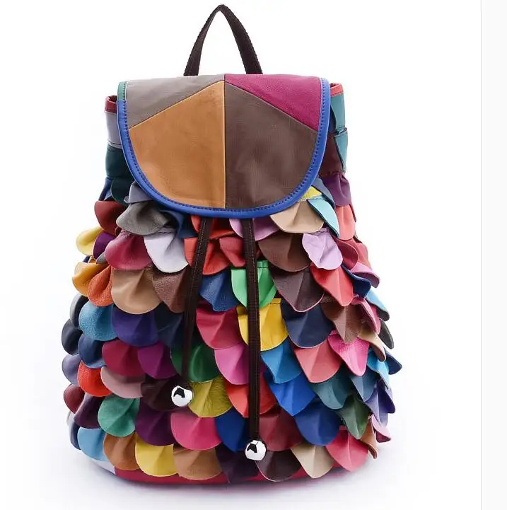 Color block patchwork women's sheepskin backpack genuine leather multinational bag lady school bag casual backpack Color block patchwork women's sheepskin backpack genuine leather multinational bag lady school bag casual backpack