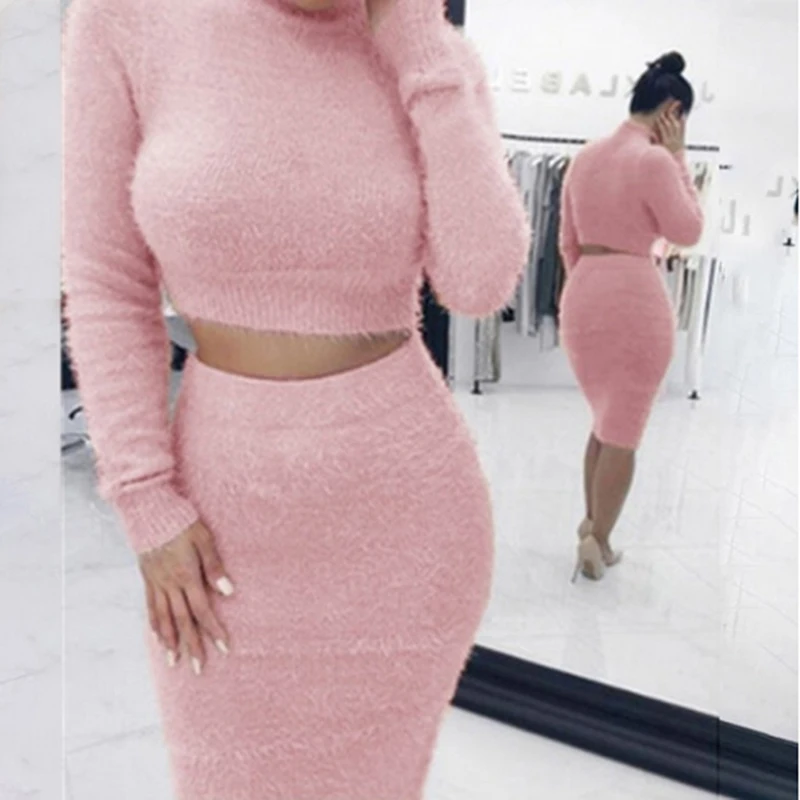 

2018 Sexy Women Set Crop Top Sweaters Midi Skirt 2 PCs Set Long Sleeve Turtleneck Bodycon Polyester Knitted Pullover