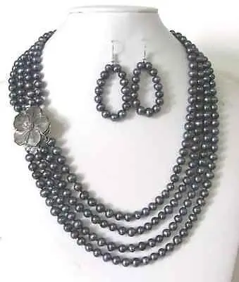 

4 Rows 6-7MM Black Pearls Necklace Earrings Set AAA style 100% Natural jade Noble Fine jewe