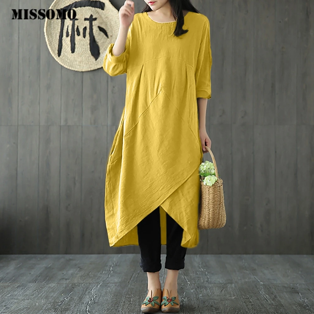 

MISSOMO Plus Size dress Women Vintage Long Sleeve Tunic Baggy Long Maxi Dress Linen dress Casual Party dress vestidos de verano