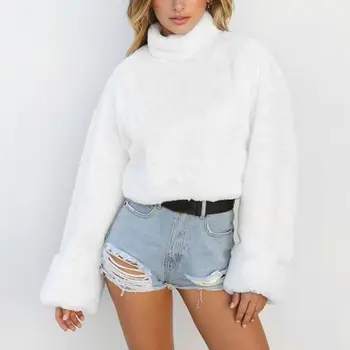 

New Women High Collar Long Sleeve Plush Sweater Winter Autumn Casual Solid Color Warm Loose Sweaters Turtleneck Pullovers S-XL