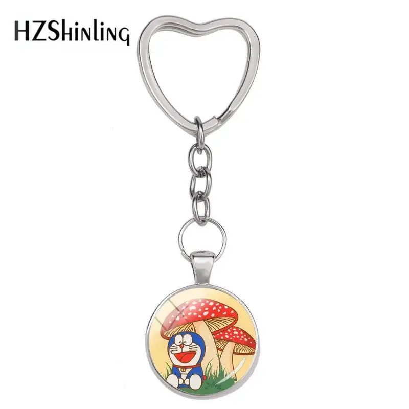 

2018 New Design Doraemon Heart Keyrings Japan Cartoon Role Keychain Glass Cabochon Silver Jewelry Women Bag's Accessory