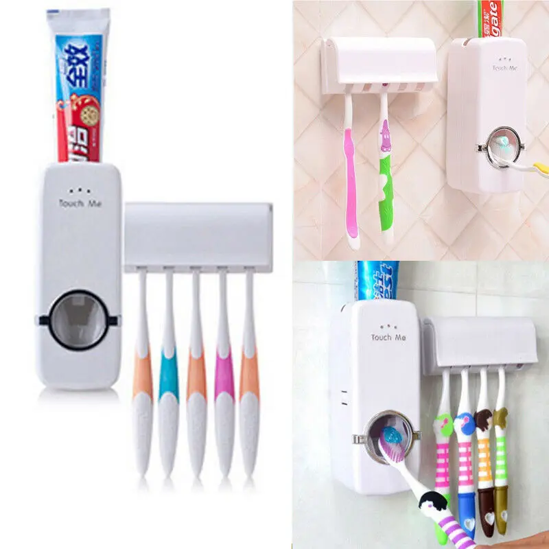 5 Toothbrush Holder Set Wall Mount Stand Automatic Toothpaste Dispenser