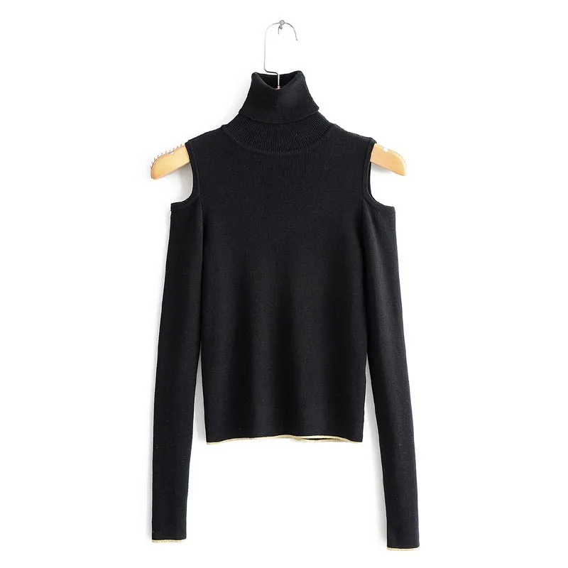 

MY127 Fashion Women Black Color Sexy Off-shoulder Turtleneck Sweater Chic Long Sleeve Knitwear Jumpers Sweaters