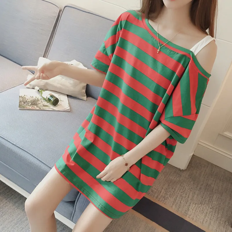 

New T Shirt Women Striped Long Tops Harajuku Tshirt 2019 Summer Short Sleeve Korean Punk T-shirt camiseta feminina C329