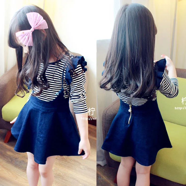 

Baby girl dress spring and autumn girls long-sleeved wooden ear striped cotton casual T-shirt + denim strap dress set two-piece