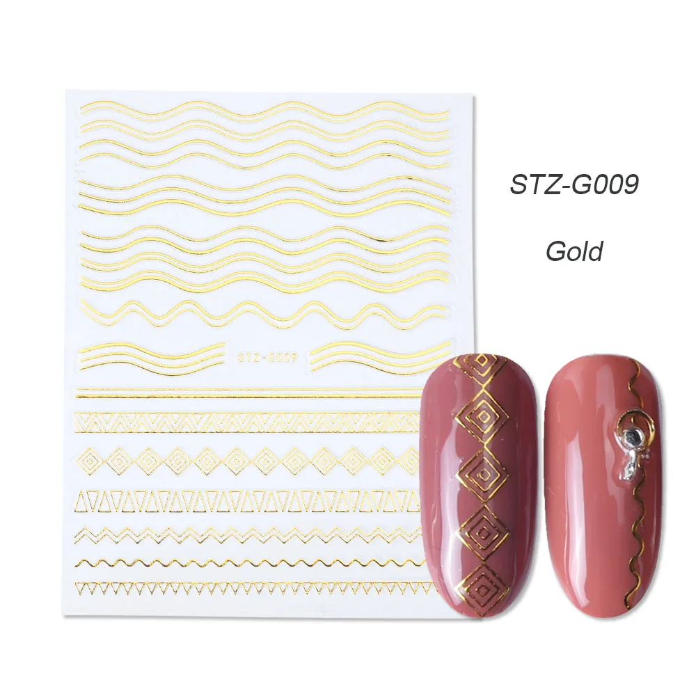STZ-G009 Gold 1 шт золотые Серебристые 3D наклейки для ногтей прямые изогнутые вкладыши полосы ленты обертывания геометрический дизайн ногтей украшения BESTZG001-013 - Цвет: STZ-G009 Gold