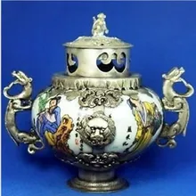 Тибетский серебряный фарфор старый КУРИЛЬНИЦА ОБЕЗЬЯНА