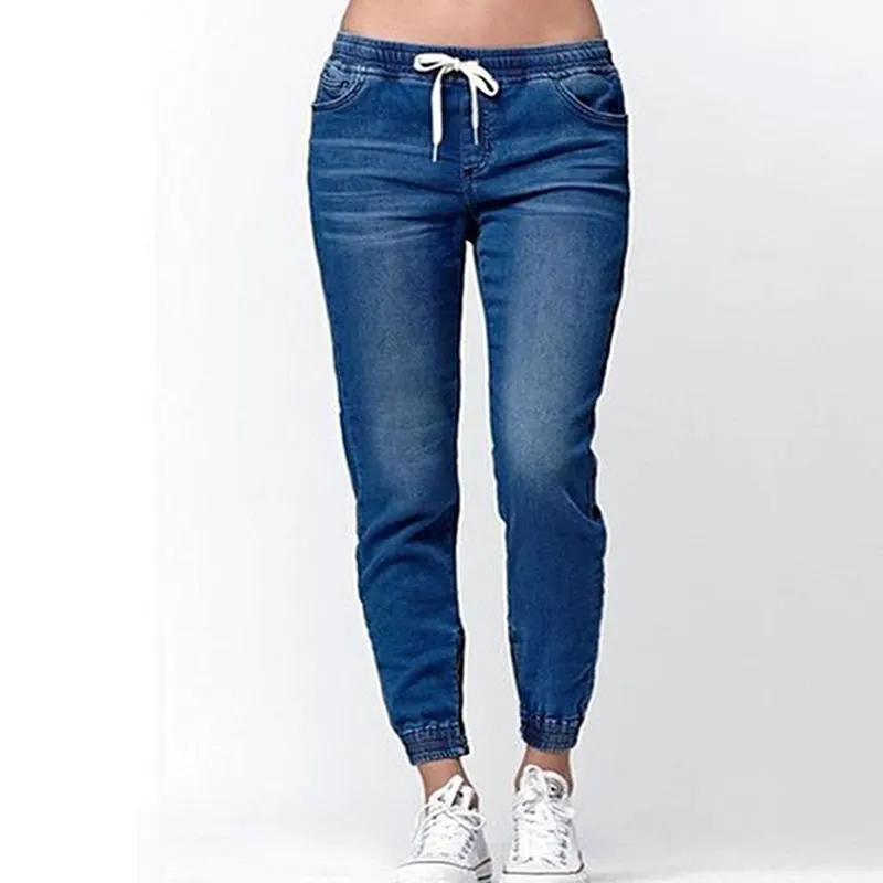 

Solid Elastic Waist Loose Jeans Women Casual Drawstring Simple Wild Trousers Summer Ladies Fashion Breathable Jeans High Quality