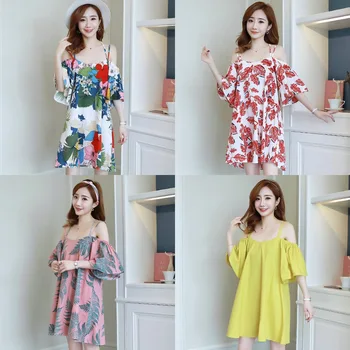 

Pregnant women dress leaking shoulders collar sling cotton and linen loose large size dress Korean fashion pregnancy skirt