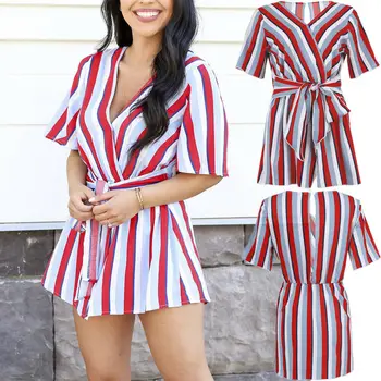 

2019 New Women Ladies Summer Short Sleeve Wrap Boho Stripe Mini Dress Beachwear V-Neck Striped Casual Sundress Holiday