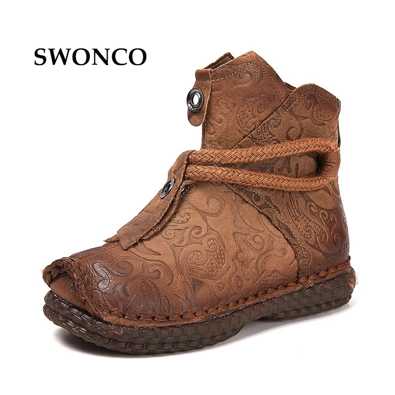 SWONCO Women's National Wind Ankle Boots 2018 Spring Autumn Genuine Leather Ladies Boot Ankle Boots For Women Female Shoes Boot