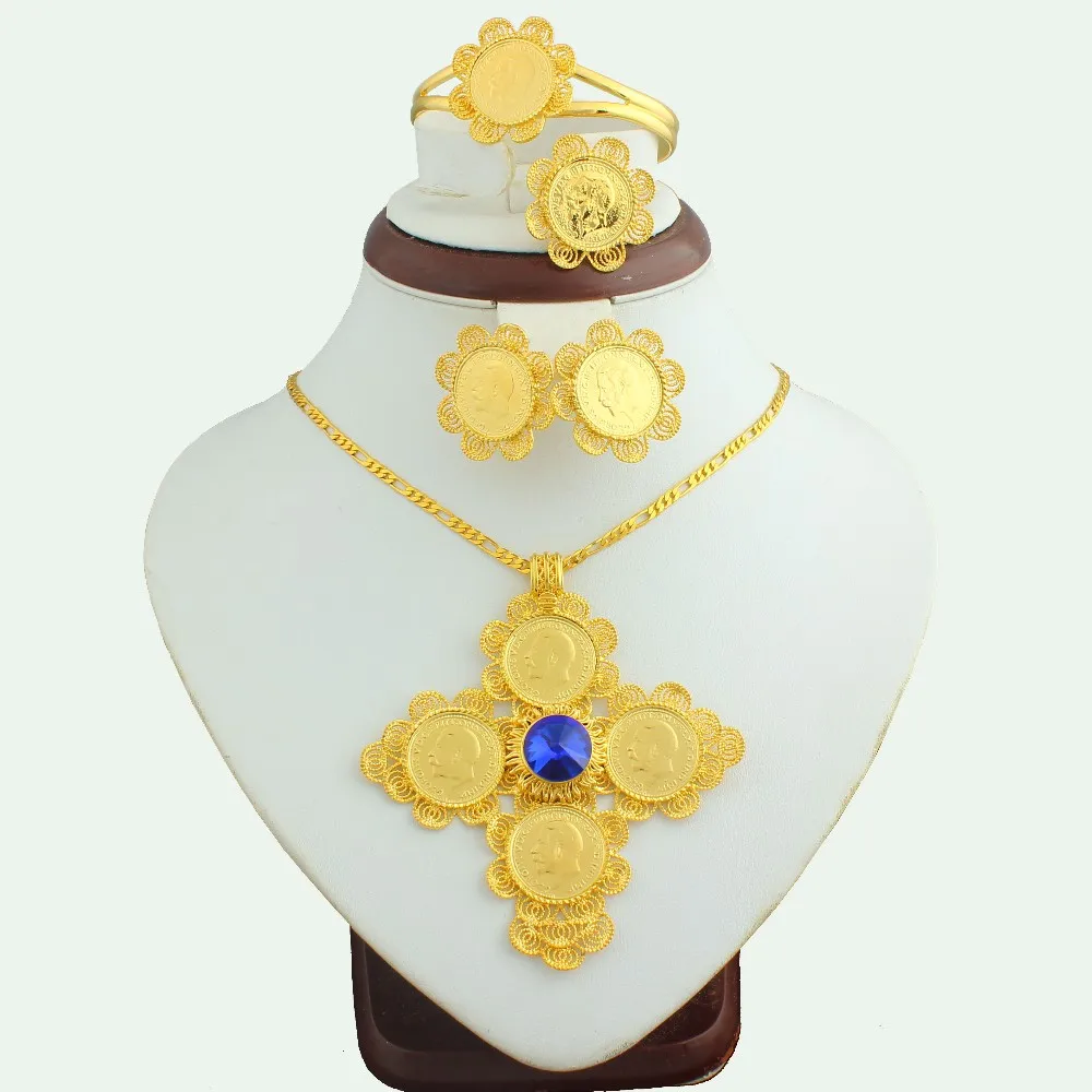 Эфиопский большой размер Золотая монета Комплект украшений из крестов золотой цвет модные украшения для женщин