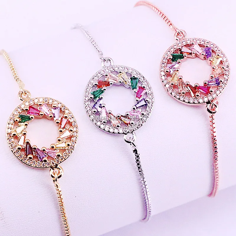 

10Pcs Colorful CZ zircon Circle Charm Adjustable Link Chain women bracelet Jewelry