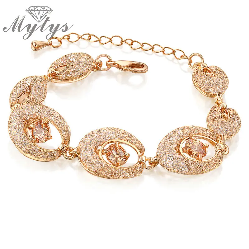 

Mytys Gold mesh net Cubic Zirconia Gem Bangle Crystal Bracelet Rose GP B834