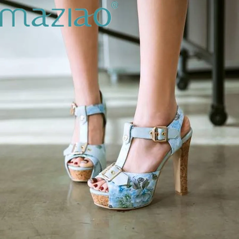 

MAZIAO 2019 High Heels Shoes Woman T-Strap Sandals Buckle Printing Platform Shoes Summer Fashion Party Shoes Large Size 32-46