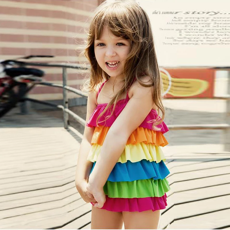 2017 Rushed New Arrival Patchwork Polyester Swimwear Baby Swimsuit Girls Rainbow Beachwear