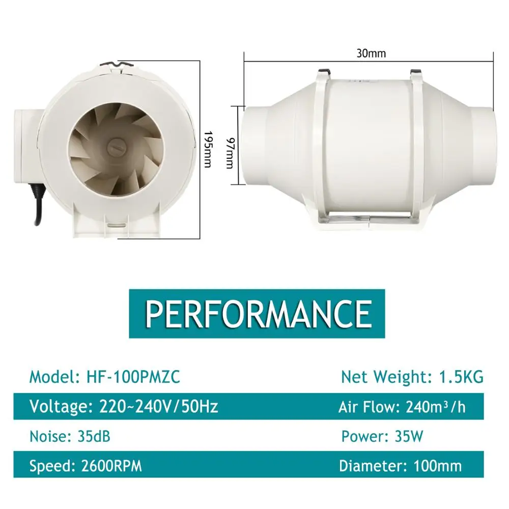 4 Inch Timer Extractor Inline Duct Fan with Smart Wired Switch Suitable for Indoor Exhaust Ventilation 220V with Delay Setting
