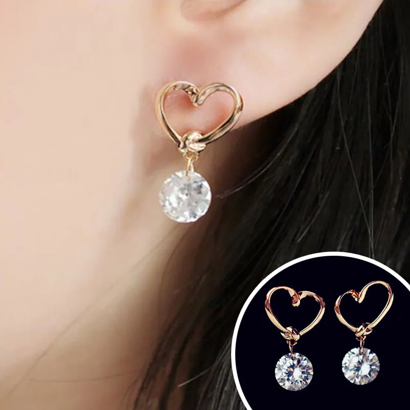 

2019 Shinning 1 Pair Woman Vogue Gold Color Plated Heart Round Crystal Stick Stud Earrings Suitable For Gifts To Girl Friends