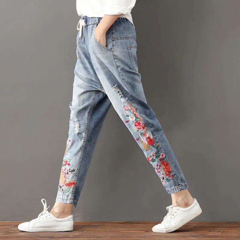 Винтажные джинсы размера плюс 3XL на шнуровке с вышивкой, женские джинсы с эластичной резинкой на талии, джинсы для женщин в стиле бойфренд, повседневные джинсы Feminino C4330