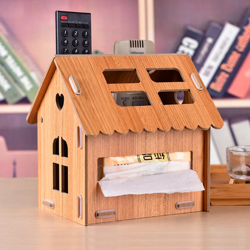Hot Style Wooden House Tissue Box Multi-Functional Living Room Paper Remote Storage Desktop Decoration | Дом и сад