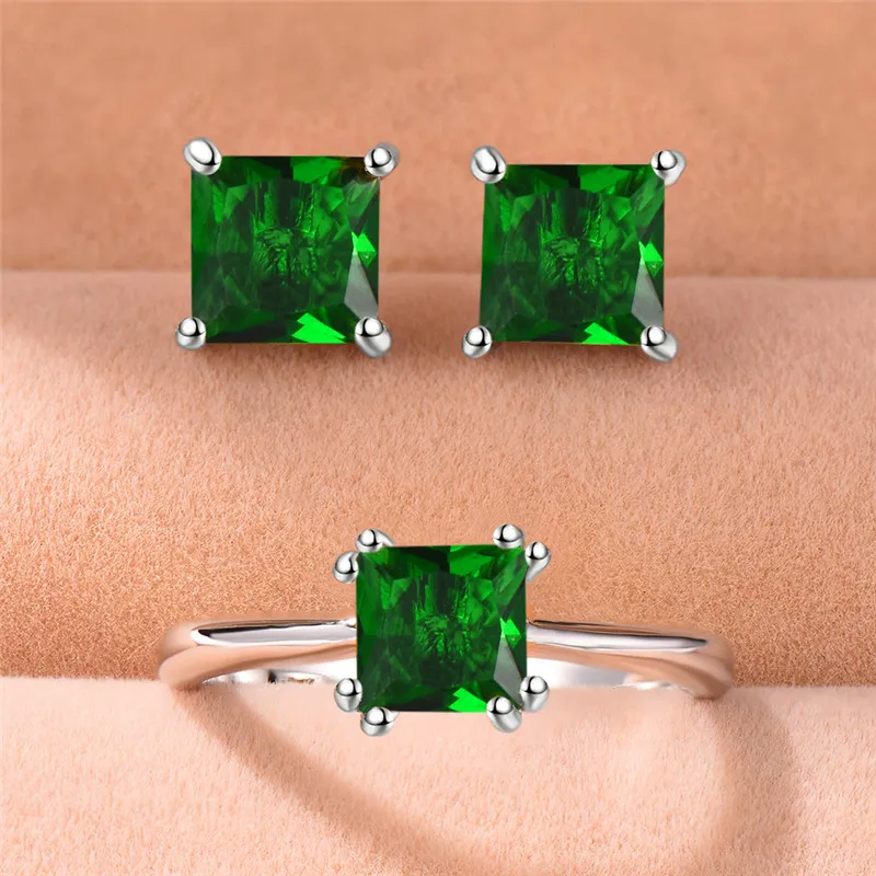 

Cute Female Green Crystal Stone Ring Earrings Jewelry Sets Fashion Boho 4/5/6/7mm Stud Earrings For Women Wedding Jewelry Gifts