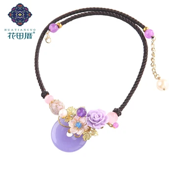 

Handmade Purple flower Chokers Necklace with Round Jad e Resin Shell Flower Rope Chain pearl chokers Necklace for Women DL-18089