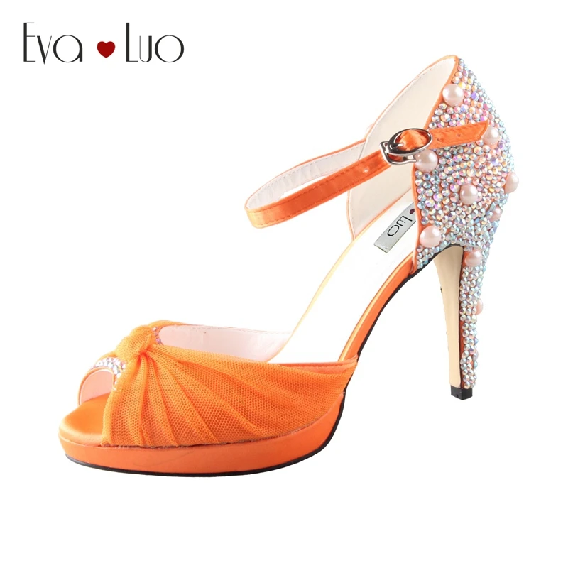 CHS503 Custom Handmade Orange Crystal Dress Sandals Bridal Wedding Shoes Women High Heel Sandals