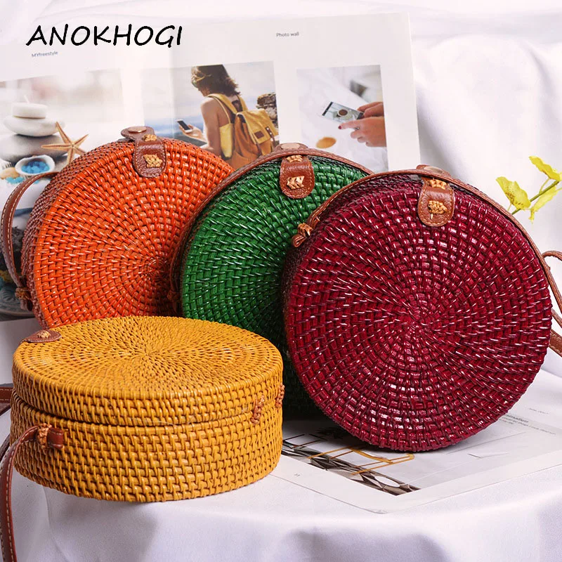 

Colorful Pure Color Circle Big 20cm Women Rattan Bags Bohemia Style Vintage Handmade Woven Shoulder Bag Corssbody bags B412