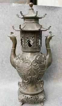 

wholesale factory 31" Tibet Purple Bronze Temple Dragon Phoenix Statue Stupa Incense Burner Censer 25% off