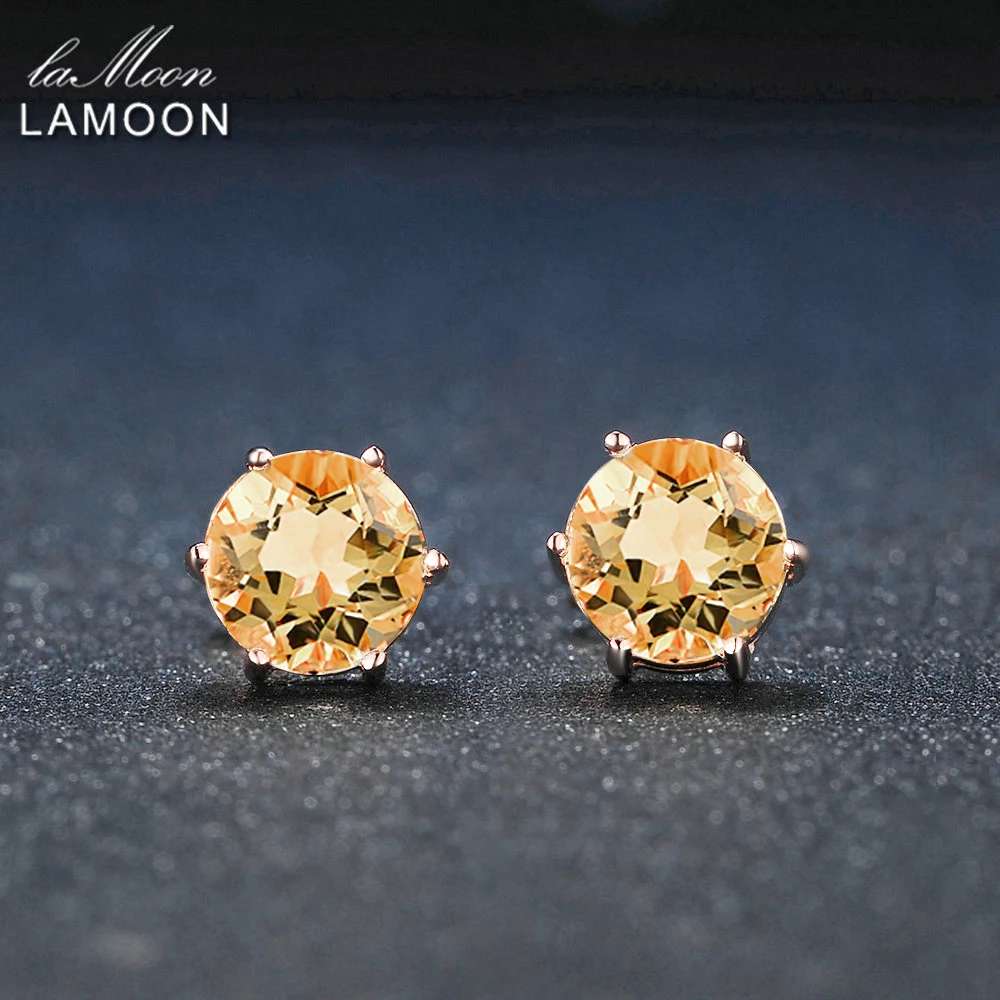 LAMOON 7mm 1.2ct Round Natural Citrine 925 Sterling Silver Simple Stud Earrings Jewelry S925 For Women LMEI027