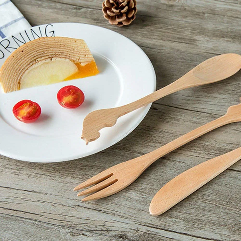 Cute cat Fork Knife Spoon Set Eco Friendly Cutlery Wooden Reusable Utensils Tableware for cat Lover7