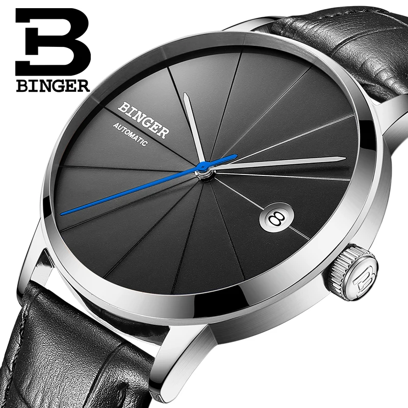 

Creative Fashion Watches Seiko Automatic Movement BINGER Men Mechanical Watch Ultra-thin Simple Watches Leather Band Calendar