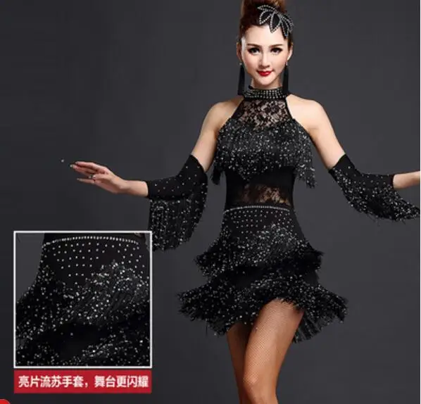 Женское платье для латинских танцев, женские платья для бальных танцев, костюм для латинских танцев, платья для латинских танцев, платье для танго, юбки для самбы - Цвет: Black