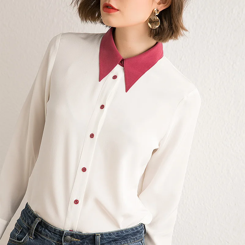 

100% Real Silk Shirts Women 2019 New contract Stand Collar Office Lady Long Sleeve Shirt White Blouses and Top