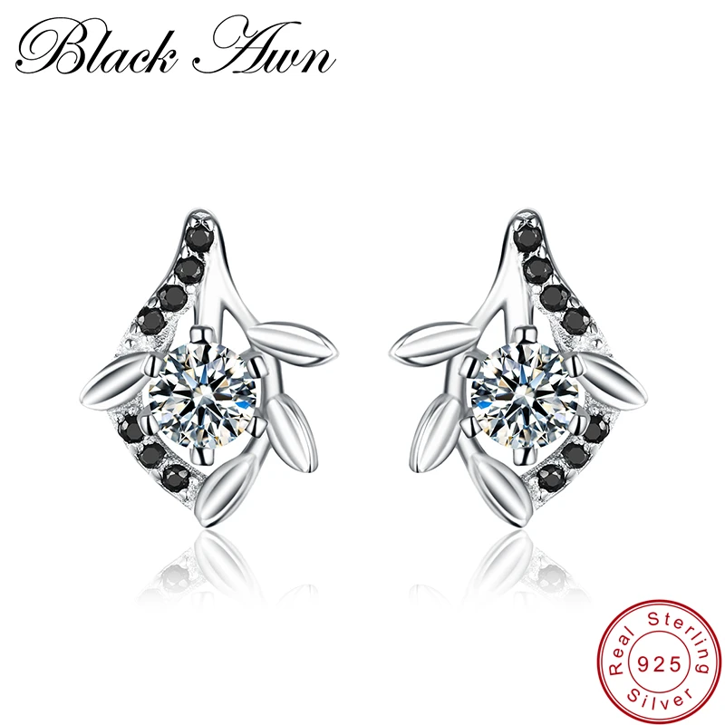 

[BLACK AWN] Flower Genuine 100% 925 Sterling Silver Jewelry Black Spinel Stone Wedding Stud Earrings for Women T142