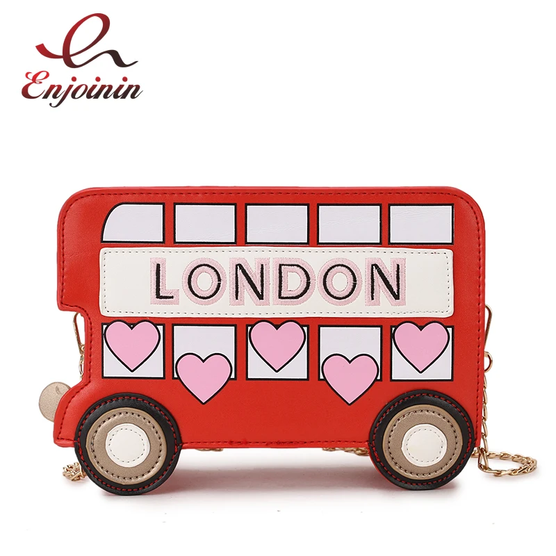 

Cute Sightseeing Bus Design Embroidered Letter Cartoon Print Girl's Chain Purse Mini Messenger Bag Ladies Shoulder Bag Handbag