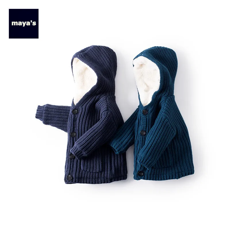 

Mayas Winter Thickening Warm Boys Jacket Autumn Knitted Hooded Solid Color Fashion Girls Coat New Kids Basic Outerwear 81240