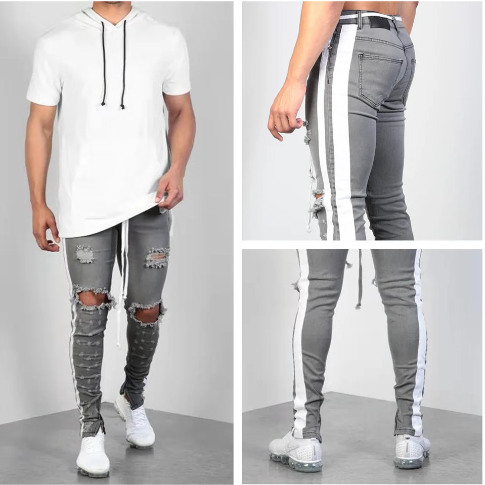 

2019 new Fashion Streetwear Men's Jeans Gray Color Skinny male Destroyed Ripped Jeans Side Taped Homme Hip Hop denim pants
