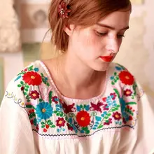 Линетт китайское Лето дизайн для женщин Высокое качество Винтаж мексиканский стиль вышивка цветок винтаж хлопковая рубашка