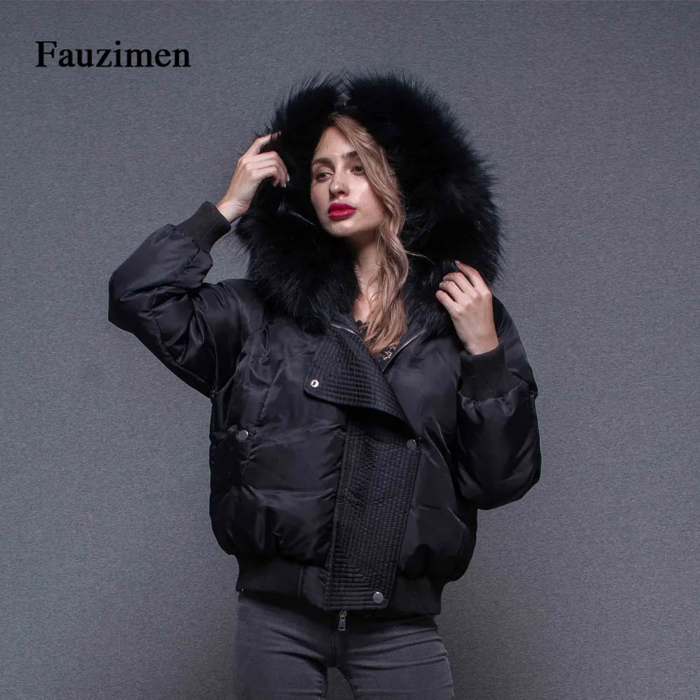 TongXiang зимнее толстое теплое Женское зимнее пальто с большим мехом енота, Высококачественная Меховая куртка-бомбер с капюшоном, черная куртка, женские пальто
