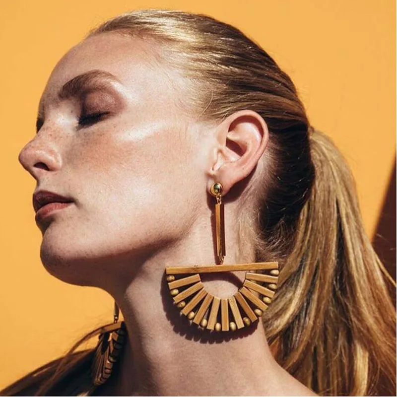 

Vintage Ethnic Wooden Big Geometric Long Dangle Earring For Women Fashion Semicircle Handmade Weave Knit Drop Earring Jewelry