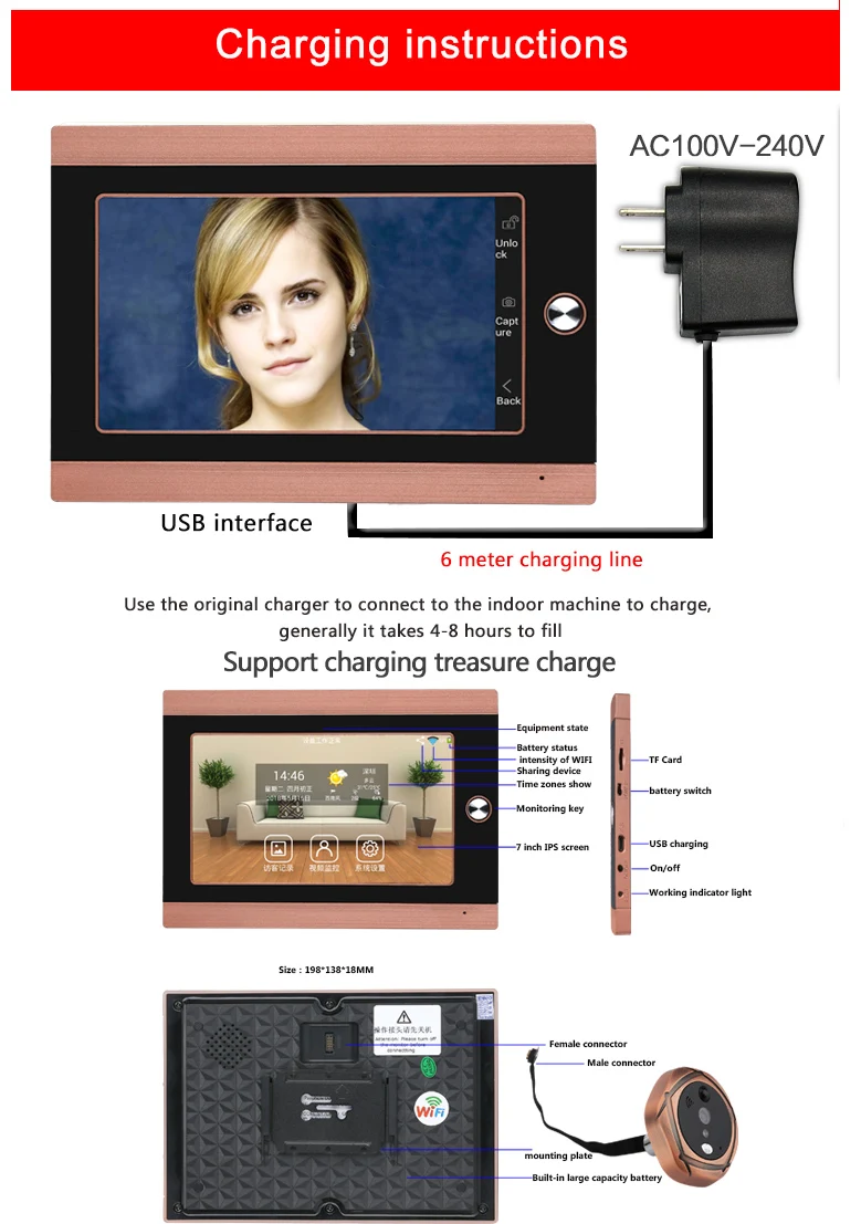 7-дюймовый Wi-Fi дверной глазок и видео IP дверь 7-дюймовый Экран инфракрасный пироэлектрический двери HD Камера движения Обнаружение дверь