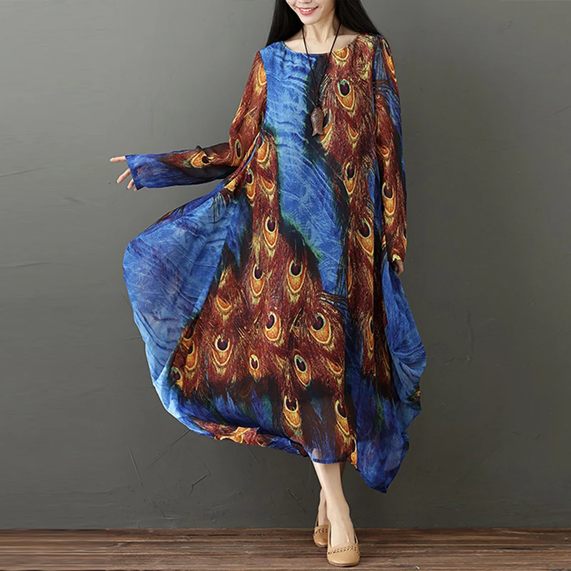 

Women Long Sleeve Maxi Dress Peacock Feather Print Sash Plus Size Clothing Casual Loose Swing Tunic Long Beach Bohemian Dress
