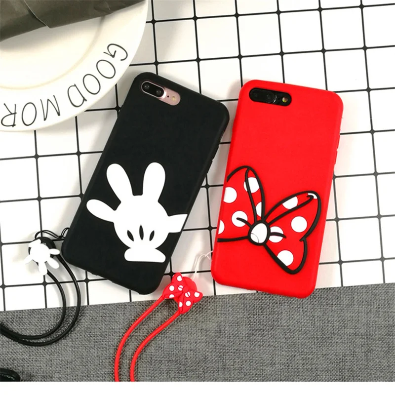 

Cartoon Minnie Mickey Couple Phone Case For iPhone XR XS MAX 8 7 6s plus 5s Lovely Rubber Soft Silicone Back Cover With Lanyard