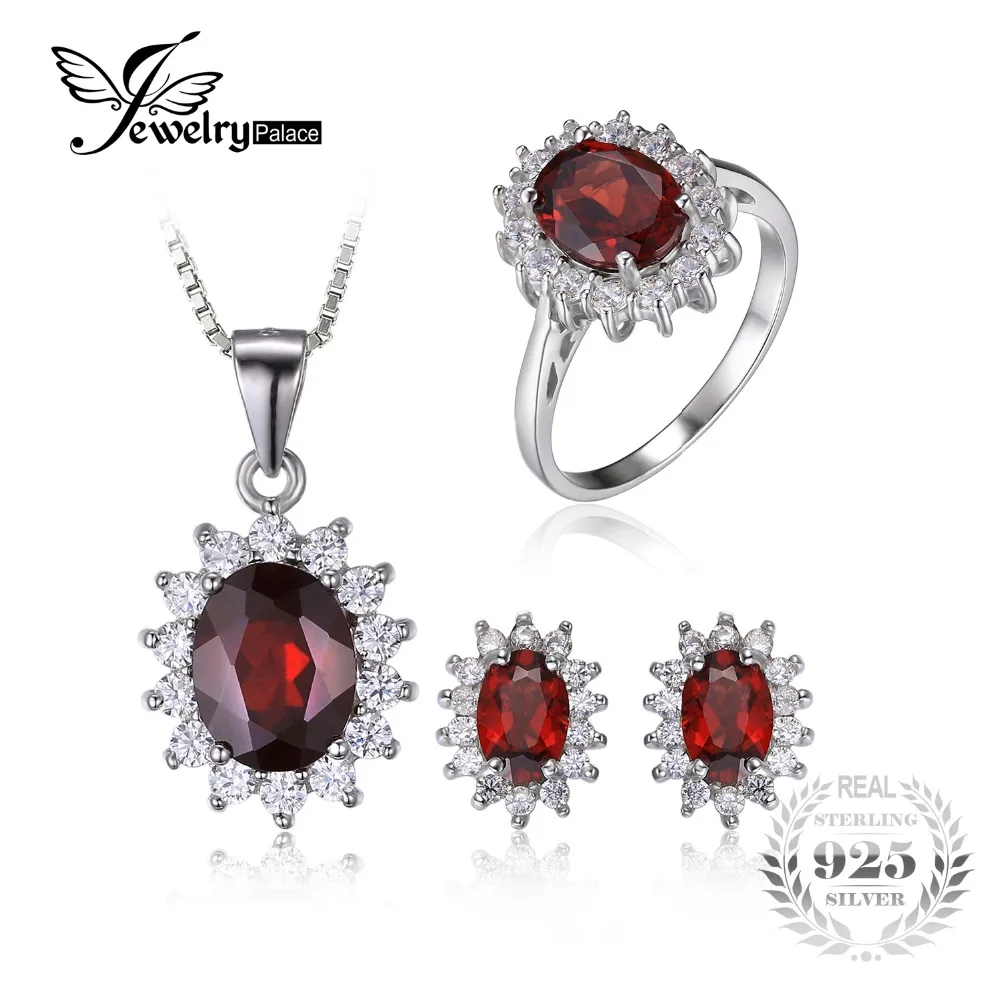 

JewelryPalace Garnet Ring Pendant Earring and a Gift Chain Diana Jewelry Set Pure 925 Sterling Silver Crystal Jewelry for Women